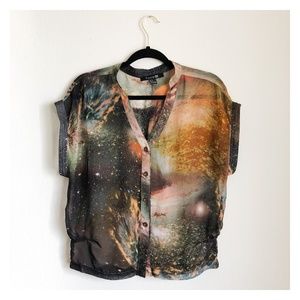 Sheer Galaxy Print Button-Down